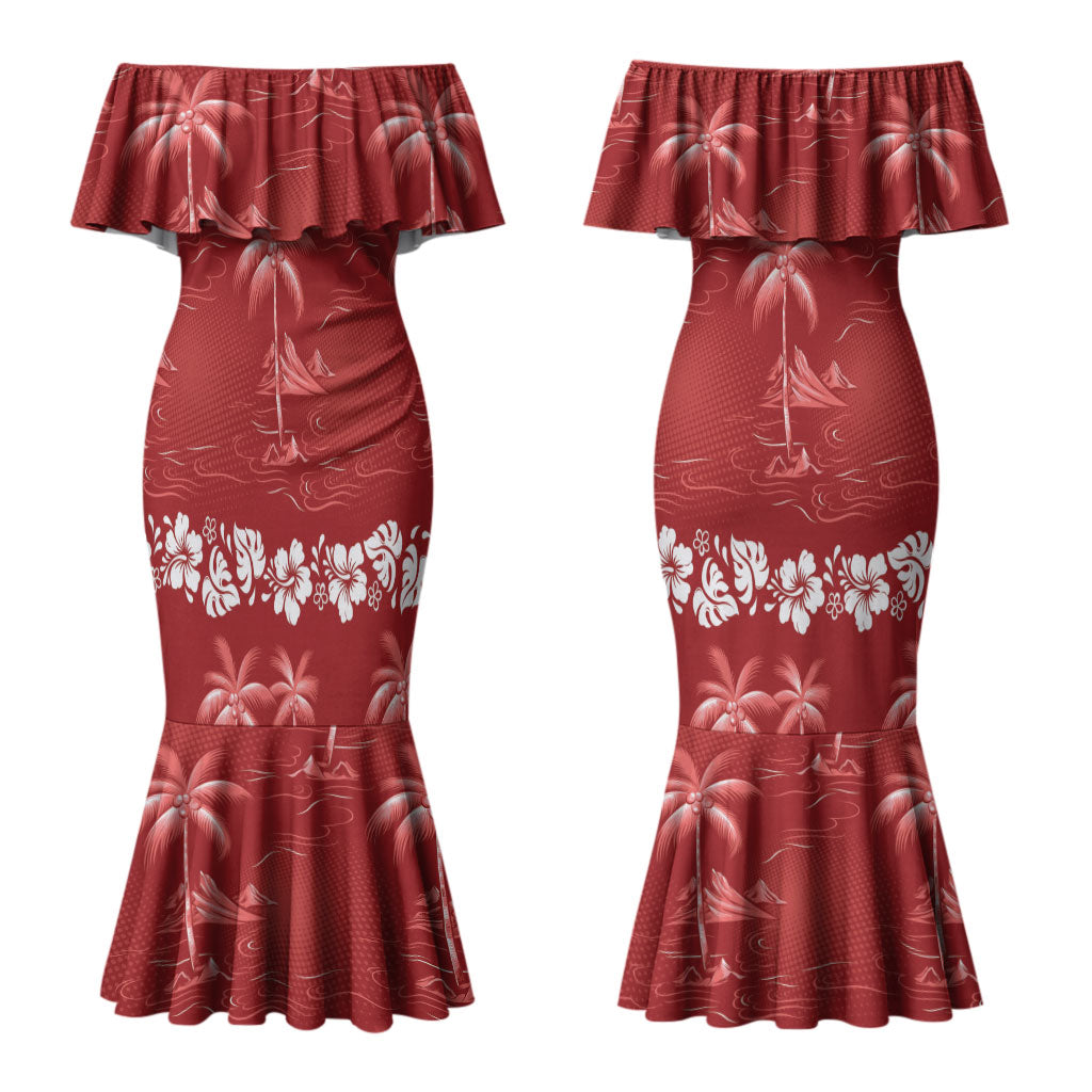 Red Hawaii Palm Tree Hibiscus Couples Matching Mermaid Dress and Long Sleeve Button Shirt Fantasy Summer Vibe LT01 - Polynesian Pride