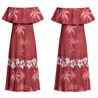 Red Hawaii Palm Tree Hibiscus Couples Matching Off Shoulder Maxi Dress and Long Sleeve Button Shirt Fantasy Summer Vibe