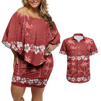 Red Hawaii Palm Tree Hibiscus Couples Matching Off Shoulder Short Dress and Hawaiian Shirt Fantasy Summer Vibe LT01 Red - Polynesian Pride