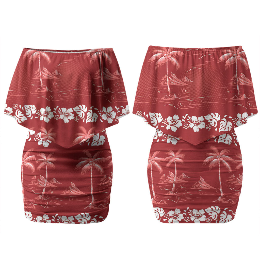 Red Hawaii Palm Tree Hibiscus Couples Matching Off Shoulder Short Dress and Hawaiian Shirt Fantasy Summer Vibe LT01 - Polynesian Pride