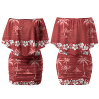 Red Hawaii Palm Tree Hibiscus Couples Matching Off Shoulder Short Dress and Hawaiian Shirt Fantasy Summer Vibe LT01 - Polynesian Pride