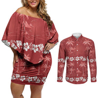 Red Hawaii Palm Tree Hibiscus Couples Matching Off Shoulder Short Dress and Long Sleeve Button Shirt Fantasy Summer Vibe LT01 Red - Polynesian Pride