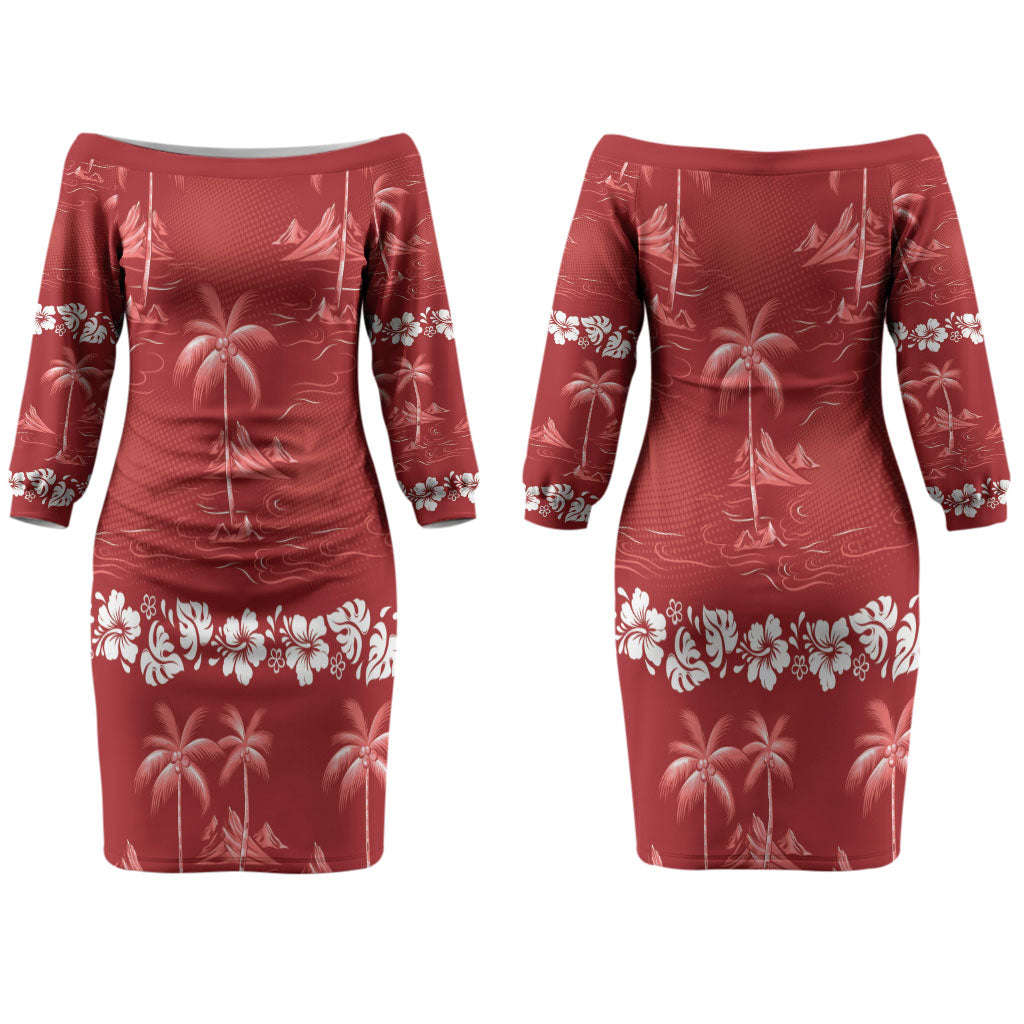 Red Hawaii Palm Tree Hibiscus Couples Matching Off The Shoulder Long Sleeve Dress and Long Sleeve Button Shirt Fantasy Summer Vibe LT01 - Polynesian Pride