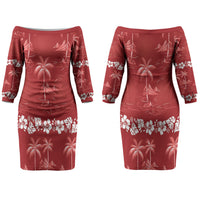 Red Hawaii Palm Tree Hibiscus Couples Matching Off The Shoulder Long Sleeve Dress and Long Sleeve Button Shirt Fantasy Summer Vibe LT01 - Polynesian Pride