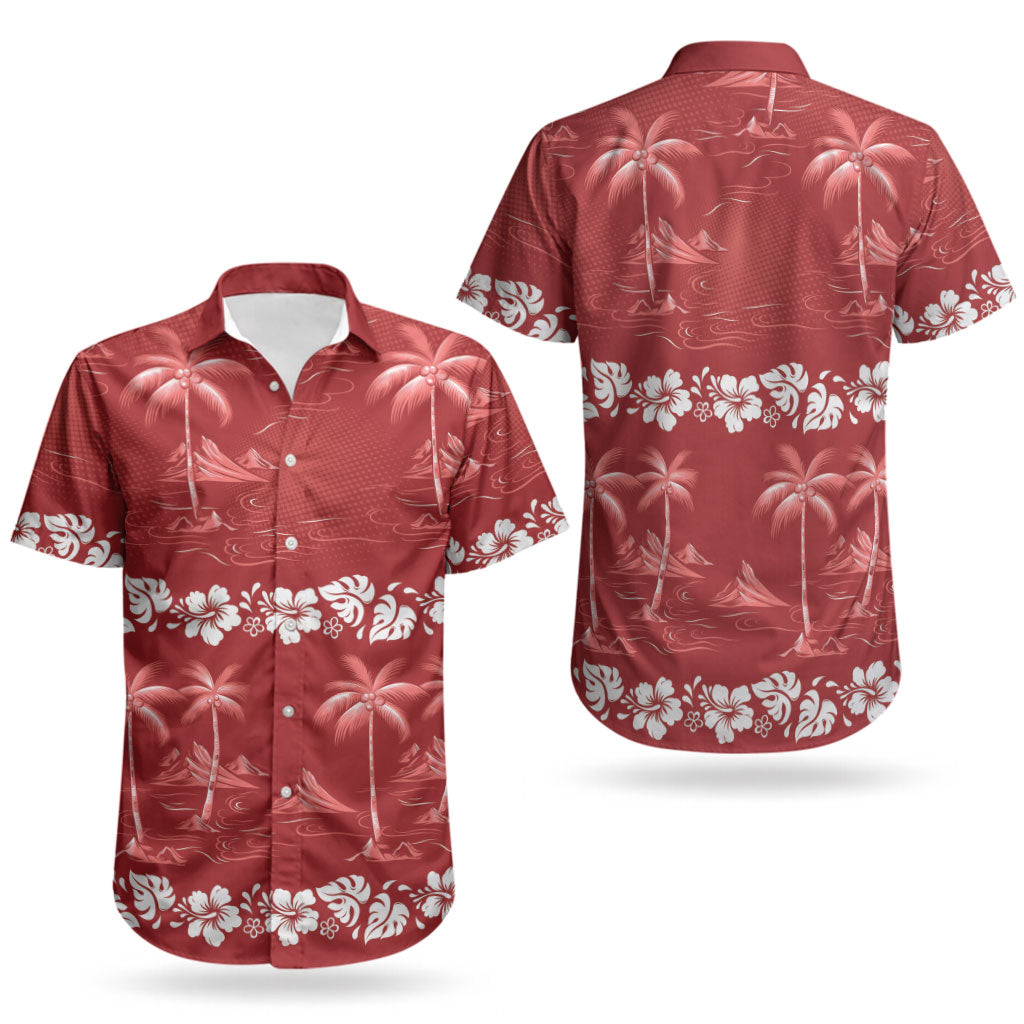 Red Hawaii Palm Tree Hibiscus Couples Matching Puletasi and Hawaiian Shirt Fantasy Summer Vibe