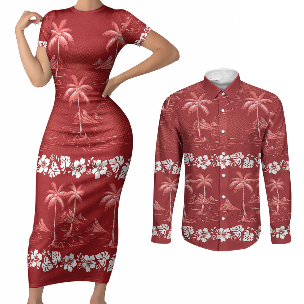 Red Hawaii Palm Tree Hibiscus Couples Matching Short Sleeve Bodycon Dress and Long Sleeve Button Shirt Fantasy Summer Vibe LT01 Red - Polynesian Pride