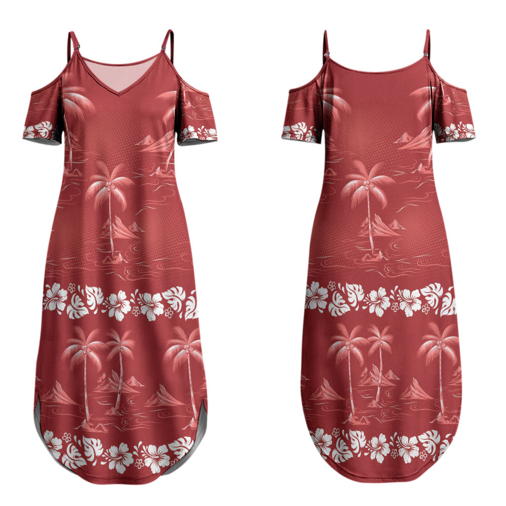 Red Hawaii Palm Tree Hibiscus Couples Matching Summer Maxi Dress and Long Sleeve Button Shirt Fantasy Summer Vibe