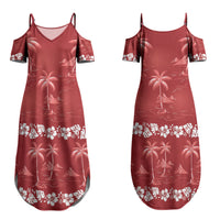Red Hawaii Palm Tree Hibiscus Couples Matching Summer Maxi Dress and Long Sleeve Button Shirt Fantasy Summer Vibe