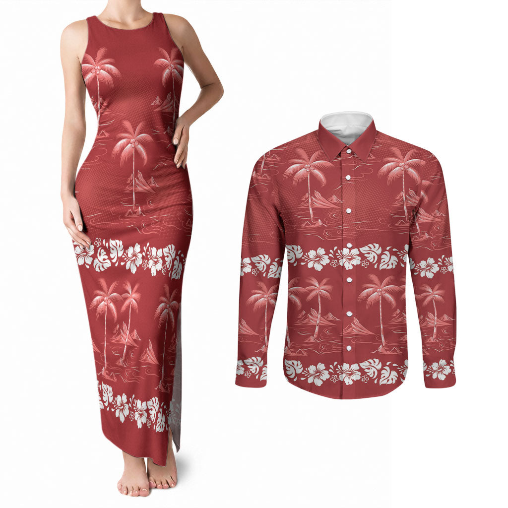 Red Hawaii Palm Tree Hibiscus Couples Matching Tank Maxi Dress and Long Sleeve Button Shirt Fantasy Summer Vibe LT01 Red - Polynesian Pride