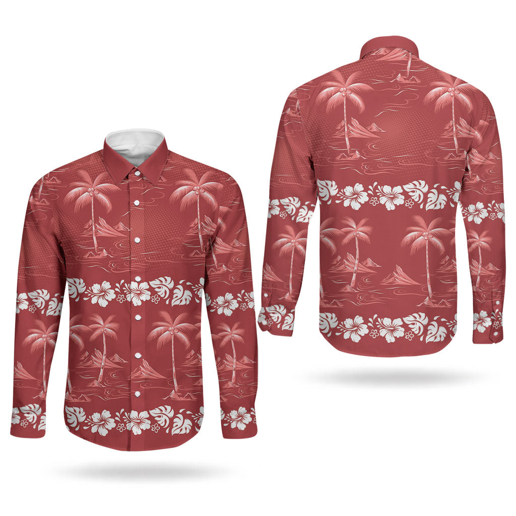Red Hawaii Palm Tree Hibiscus Couples Matching Tank Maxi Dress and Long Sleeve Button Shirt Fantasy Summer Vibe LT01 - Polynesian Pride
