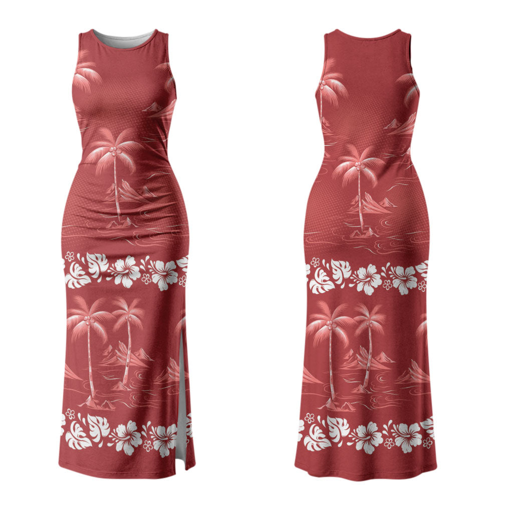 Red Hawaii Palm Tree Hibiscus Couples Matching Tank Maxi Dress and Long Sleeve Button Shirt Fantasy Summer Vibe LT01 - Polynesian Pride