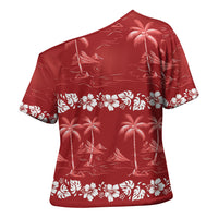 Red Hawaii Palm Tree Hibiscus Cross Shoulder Shirt Fantasy Summer Vibe LT01 - Polynesian Pride