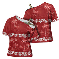 Red Hawaii Palm Tree Hibiscus Cross Shoulder Shirt Fantasy Summer Vibe LT01 - Polynesian Pride