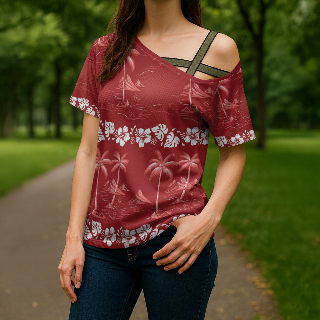 Red Hawaii Palm Tree Hibiscus Cross Shoulder Shirt Fantasy Summer Vibe LT01 - Polynesian Pride
