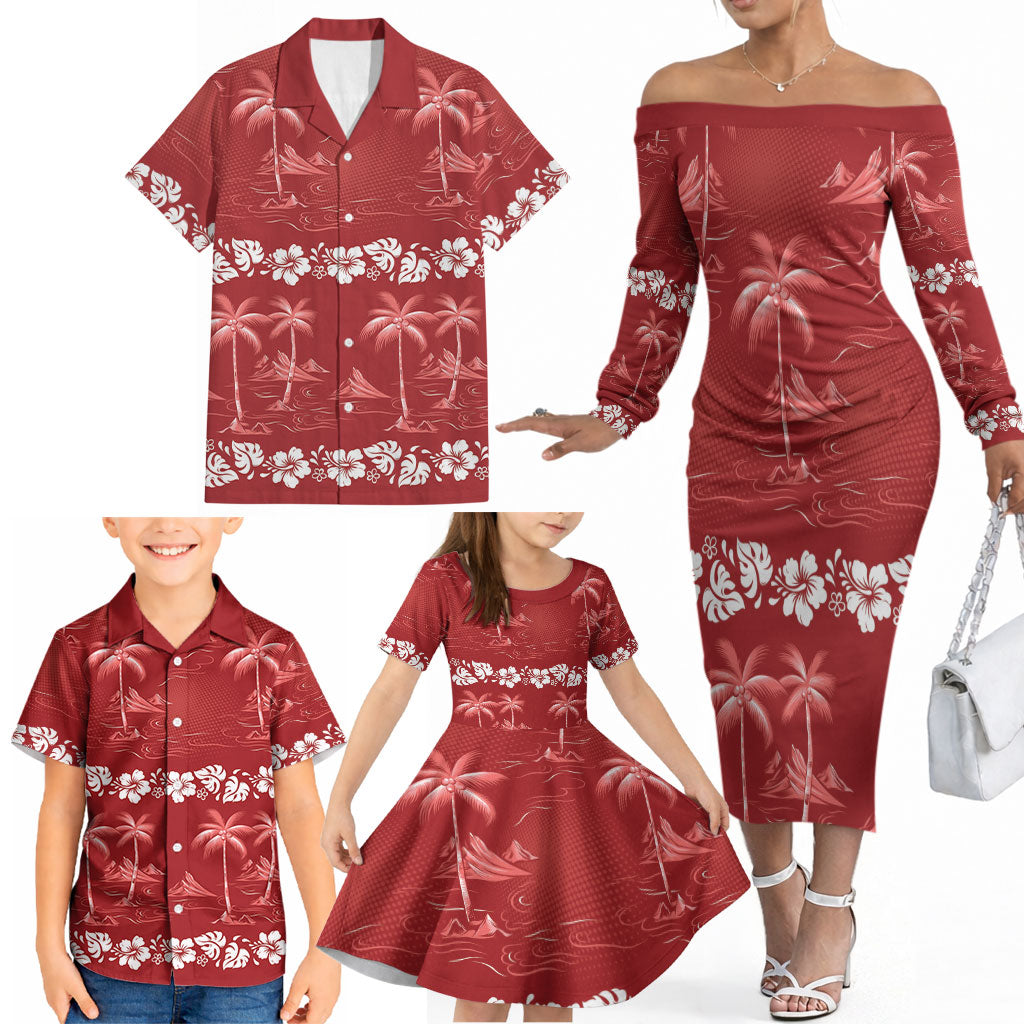 Red Hawaii Palm Tree Hibiscus Family Matching Off The Shoulder Long Sleeve Dress and Hawaiian Shirt Fantasy Summer Vibe LT01 - Polynesian Pride
