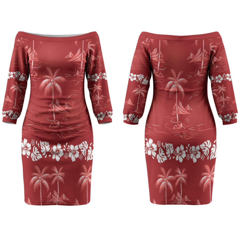 Red Hawaii Palm Tree Hibiscus Family Matching Off The Shoulder Long Sleeve Dress and Hawaiian Shirt Fantasy Summer Vibe LT01 Mom's Dress Red - Polynesian Pride