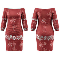 Red Hawaii Palm Tree Hibiscus Family Matching Off The Shoulder Long Sleeve Dress and Hawaiian Shirt Fantasy Summer Vibe LT01 Mom's Dress Red - Polynesian Pride