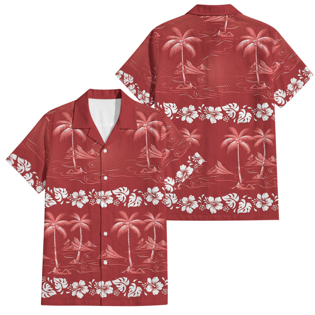 Red Hawaii Palm Tree Hibiscus Family Matching Off The Shoulder Long Sleeve Dress and Hawaiian Shirt Fantasy Summer Vibe LT01 Dad's Shirt - Short Sleeve Red - Polynesian Pride