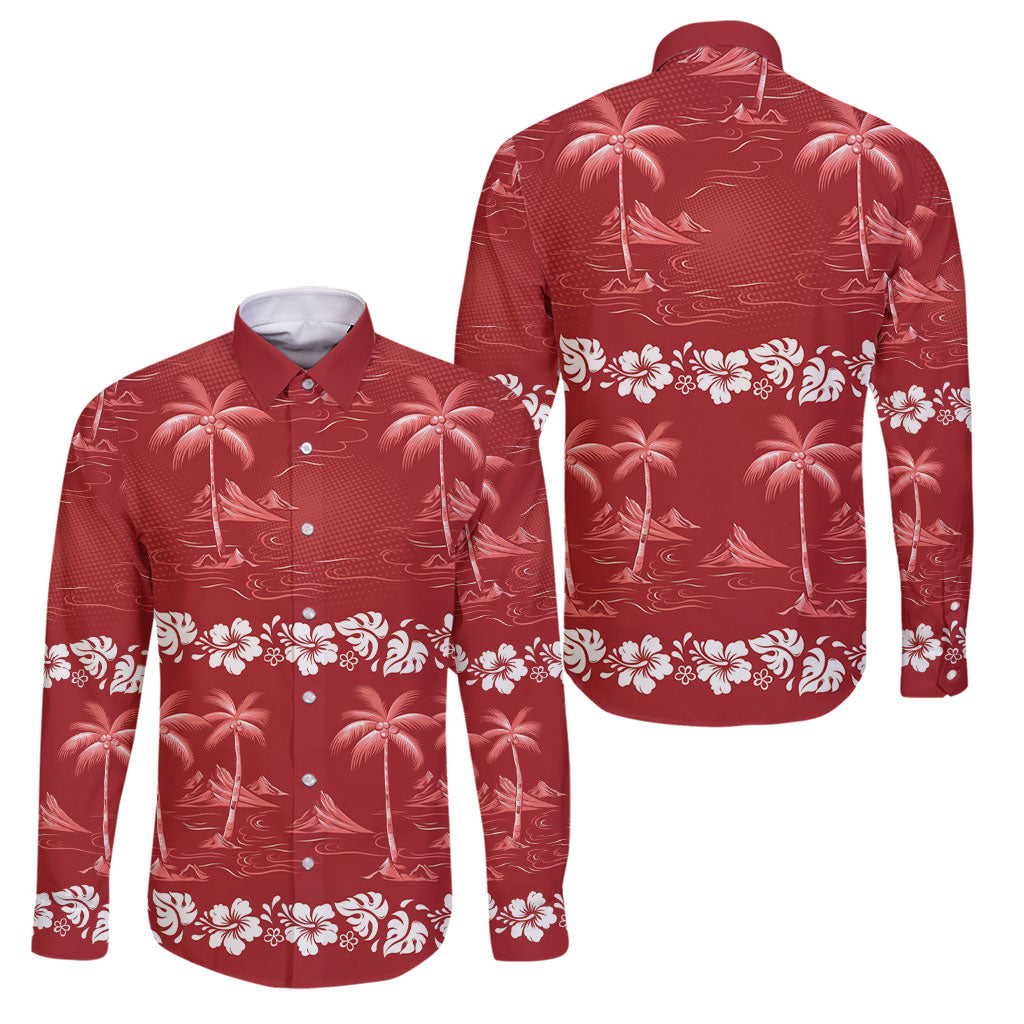 Red Hawaii Palm Tree Hibiscus Family Matching Off The Shoulder Long Sleeve Dress and Hawaiian Shirt Fantasy Summer Vibe LT01 Dad's Shirt - Long Sleeve Red - Polynesian Pride
