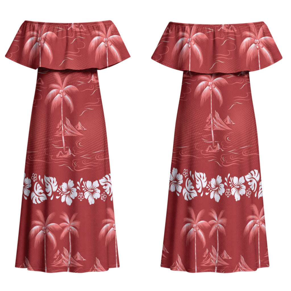 Red Hawaii Palm Tree Hibiscus Family Matching Off Shoulder Maxi Dress and Hawaiian Shirt Fantasy Summer Vibe LT01 Mom's Dress Red - Polynesian Pride