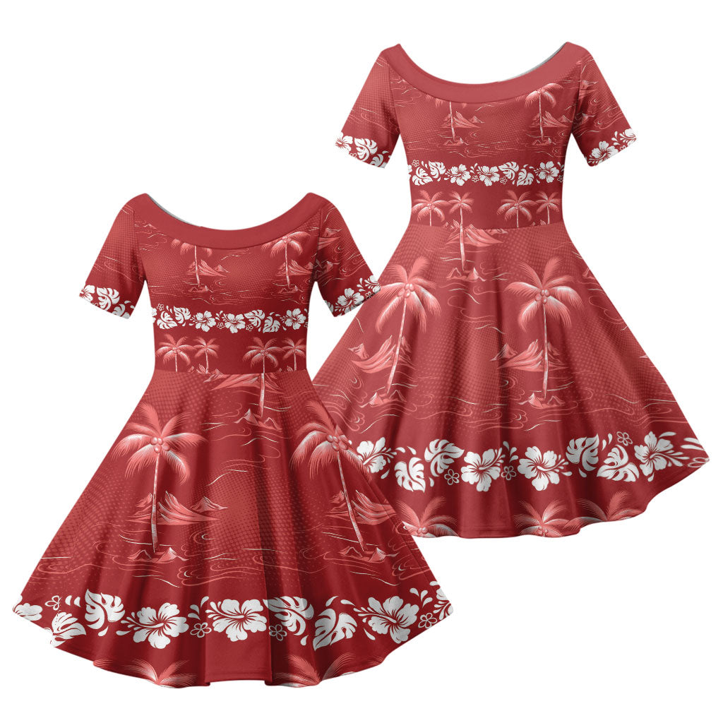 Red Hawaii Palm Tree Hibiscus Family Matching Off Shoulder Maxi Dress and Hawaiian Shirt Fantasy Summer Vibe LT01 Daughter's Dress Red - Polynesian Pride
