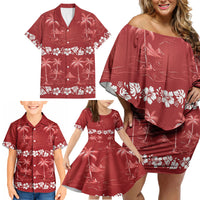 Red Hawaii Palm Tree Hibiscus Family Matching Off Shoulder Short Dress and Hawaiian Shirt Fantasy Summer Vibe LT01 - Polynesian Pride
