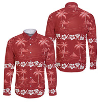 Red Hawaii Palm Tree Hibiscus Family Matching Off Shoulder Short Dress and Hawaiian Shirt Fantasy Summer Vibe LT01 Dad's Shirt - Long Sleeve Red - Polynesian Pride