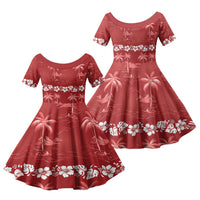 Red Hawaii Palm Tree Hibiscus Family Matching Off Shoulder Short Dress and Hawaiian Shirt Fantasy Summer Vibe LT01 Daughter's Dress Red - Polynesian Pride