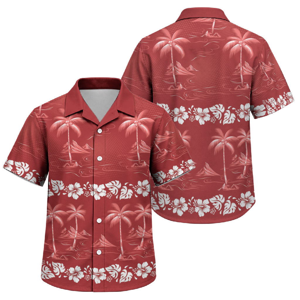 Red Hawaii Palm Tree Hibiscus Family Matching Off Shoulder Short Dress and Hawaiian Shirt Fantasy Summer Vibe LT01 Son's Shirt Red - Polynesian Pride