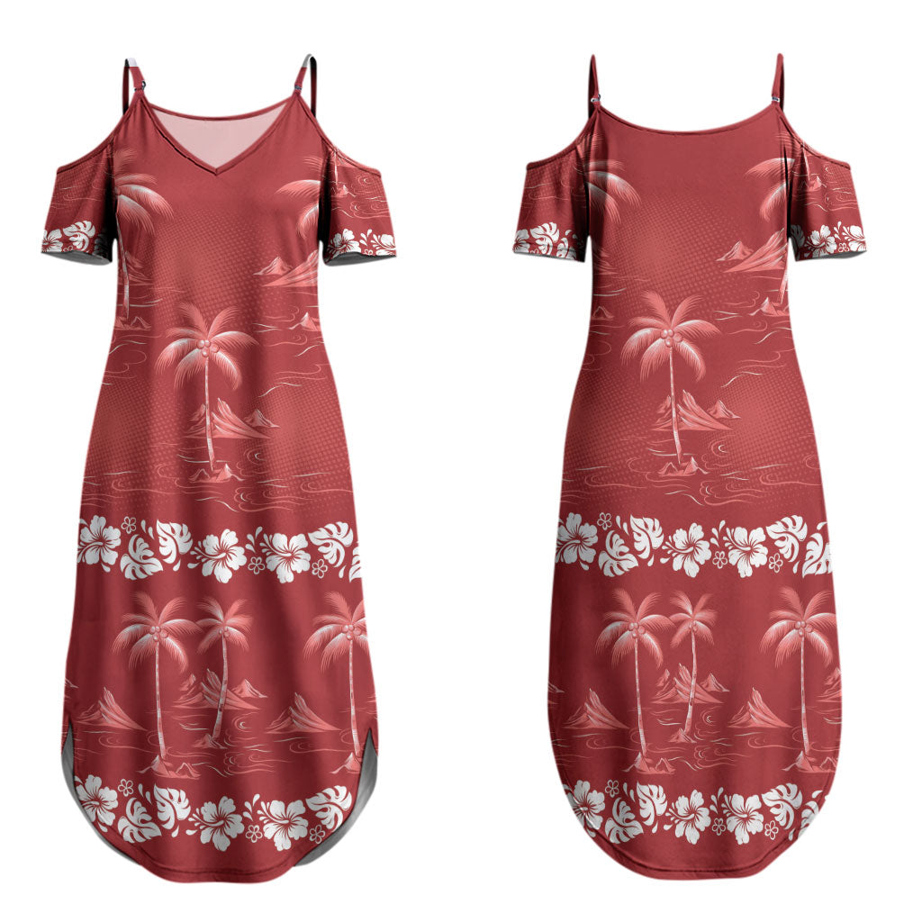 Red Hawaii Palm Tree Hibiscus Family Matching Summer Maxi Dress and Hawaiian Shirt Fantasy Summer Vibe LT01 Mom's Dress Red - Polynesian Pride