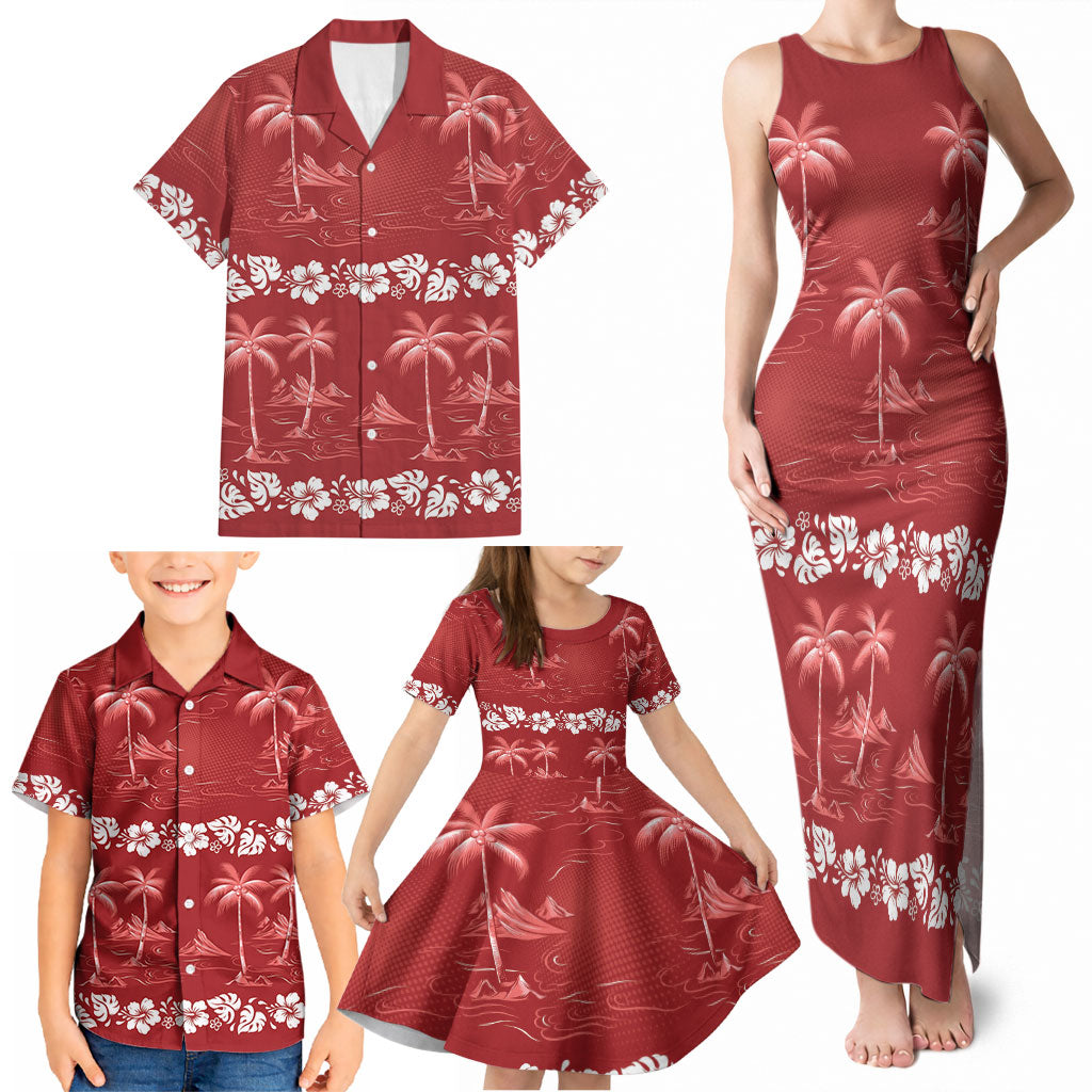 Red Hawaii Palm Tree Hibiscus Family Matching Tank Maxi Dress and Hawaiian Shirt Fantasy Summer Vibe LT01 - Polynesian Pride
