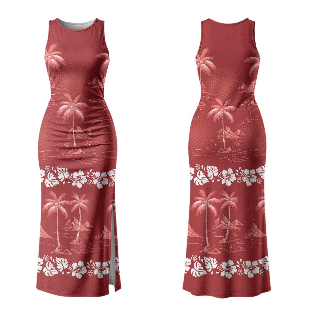 Red Hawaii Palm Tree Hibiscus Family Matching Tank Maxi Dress and Hawaiian Shirt Fantasy Summer Vibe LT01 Mom's Dress Red - Polynesian Pride