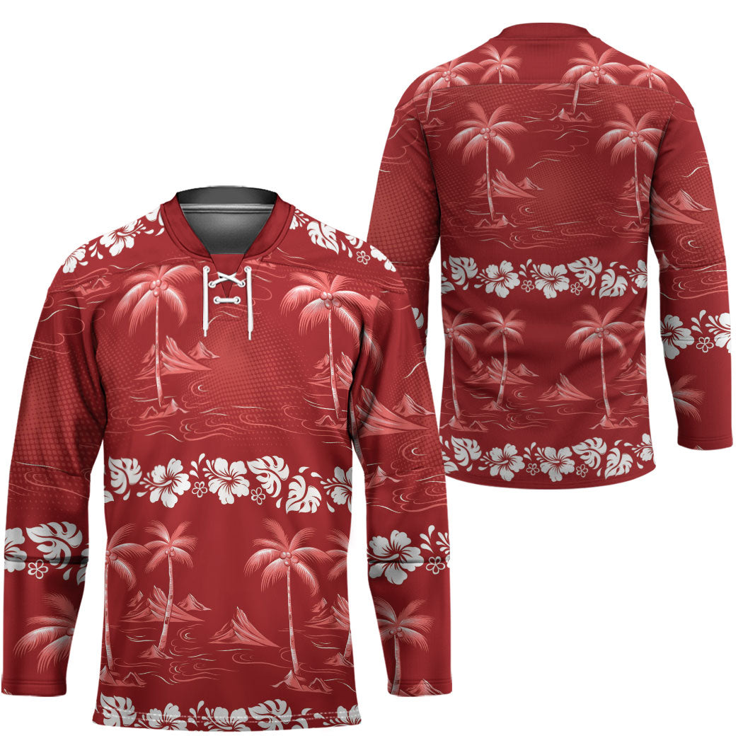 Red Hawaii Palm Tree Hibiscus Hockey Jersey Fantasy Summer Vibe LT01 - Polynesian Pride