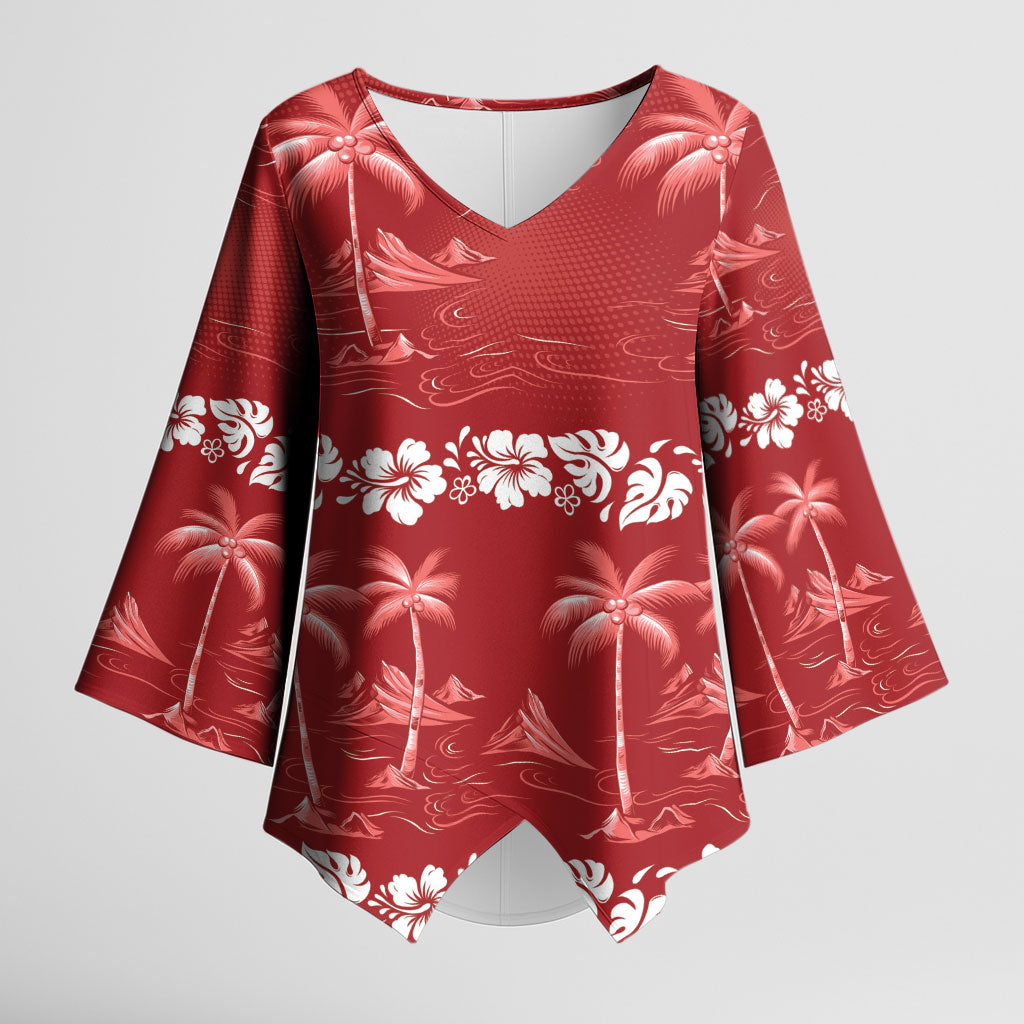 Red Hawaii Palm Tree Hibiscus Kimono Sleeve Blouse Fantasy Summer Vibe LT01 Female Red - Polynesian Pride