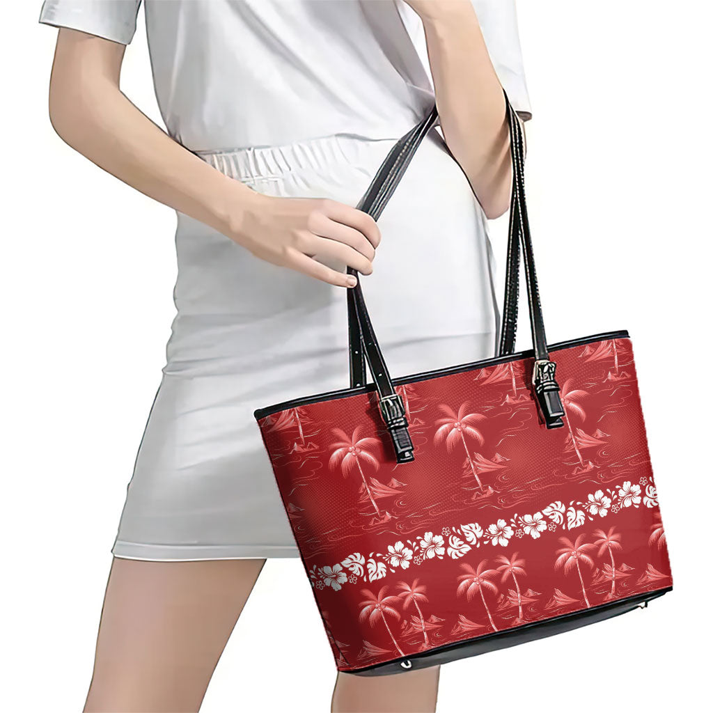 Red Hawaii Palm Tree Hibiscus Leather Tote Bag Fantasy Summer Vibe LT01 - Polynesian Pride