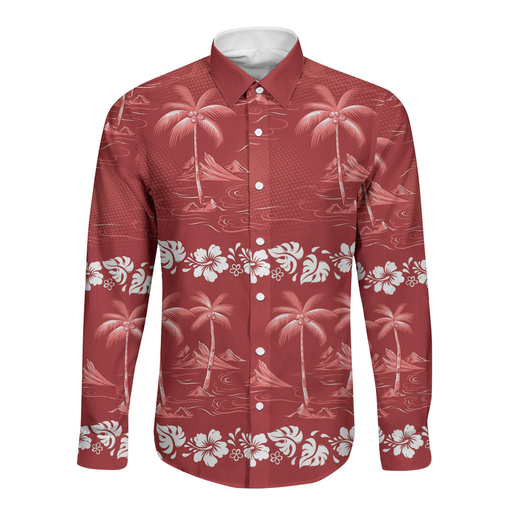 Red Hawaii Palm Tree Hibiscus Long Sleeve Button Shirt Fantasy Summer Vibe LT01 Unisex Red - Polynesian Pride
