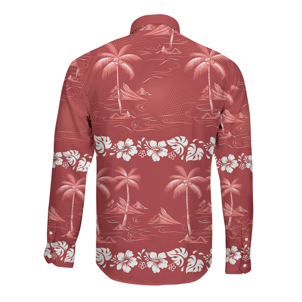 Red Hawaii Palm Tree Hibiscus Long Sleeve Button Shirt Fantasy Summer Vibe LT01 - Polynesian Pride