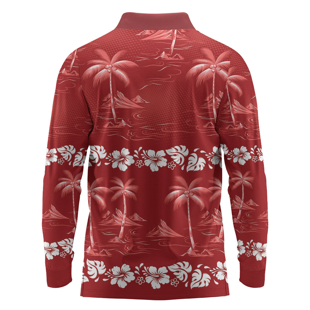 Red Hawaii Palm Tree Hibiscus Long Sleeve Polo Shirt Fantasy Summer Vibe LT01 - Polynesian Pride