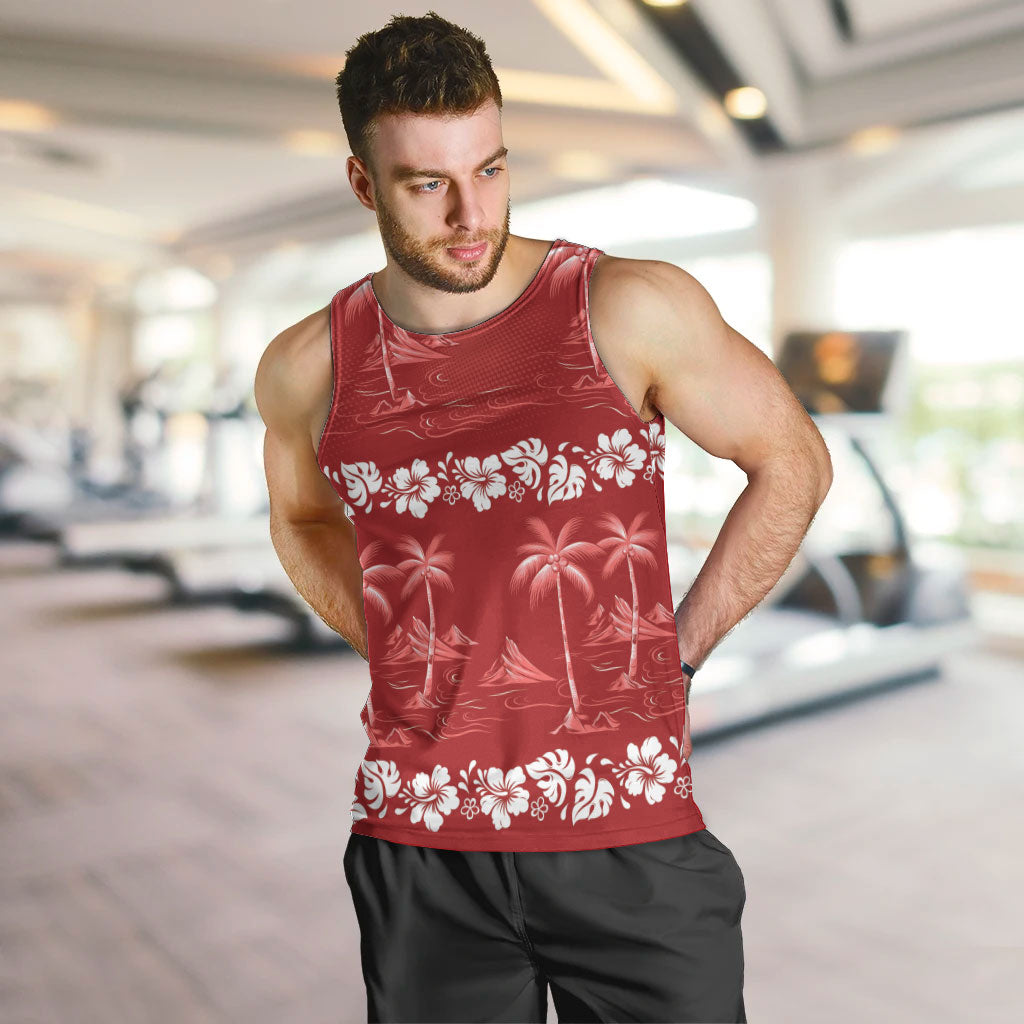 Red Hawaii Palm Tree Hibiscus Men Tank Top Fantasy Summer Vibe LT01 Red - Polynesian Pride
