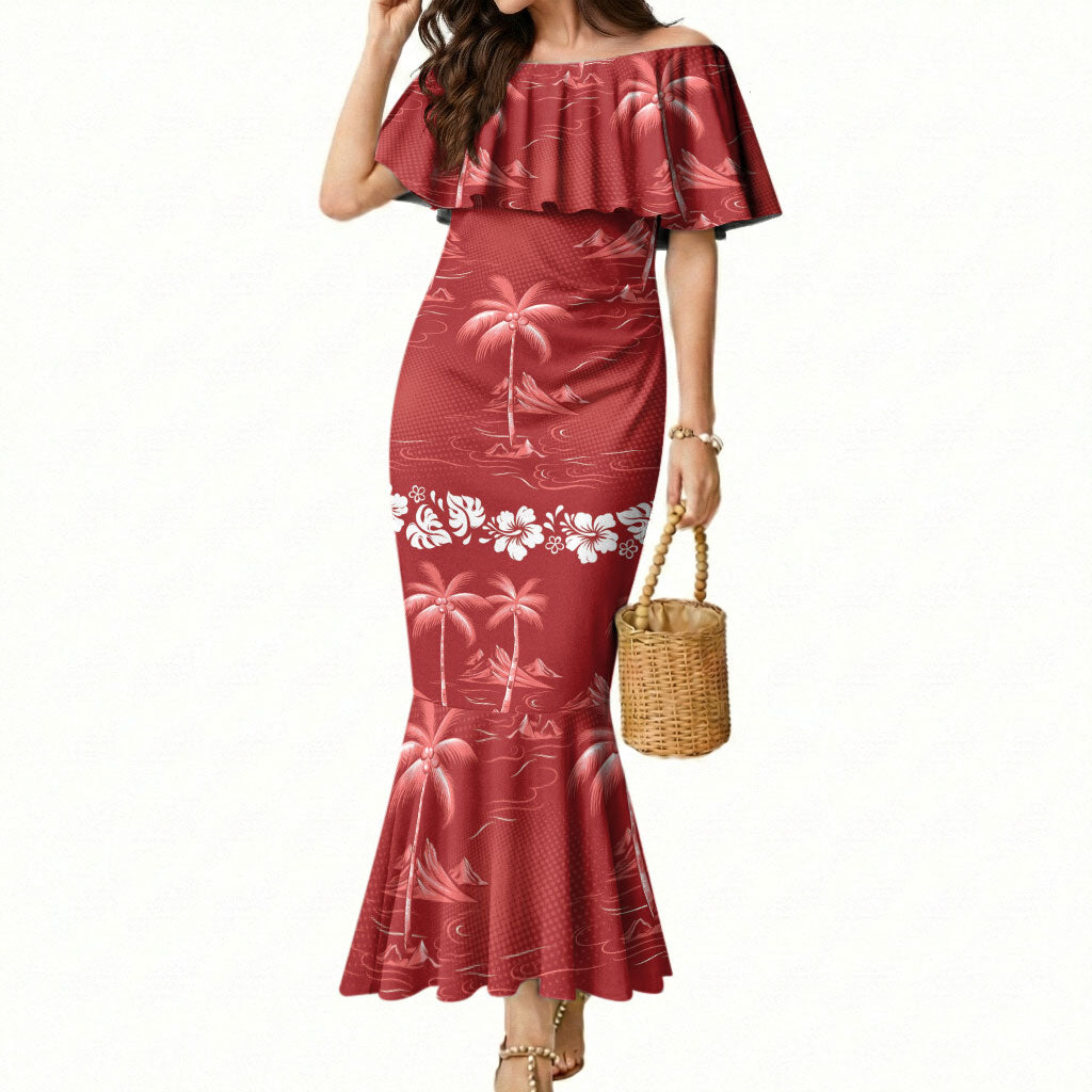 Red Hawaii Palm Tree Hibiscus Mermaid Dress Fantasy Summer Vibe LT01 Women Red - Polynesian Pride