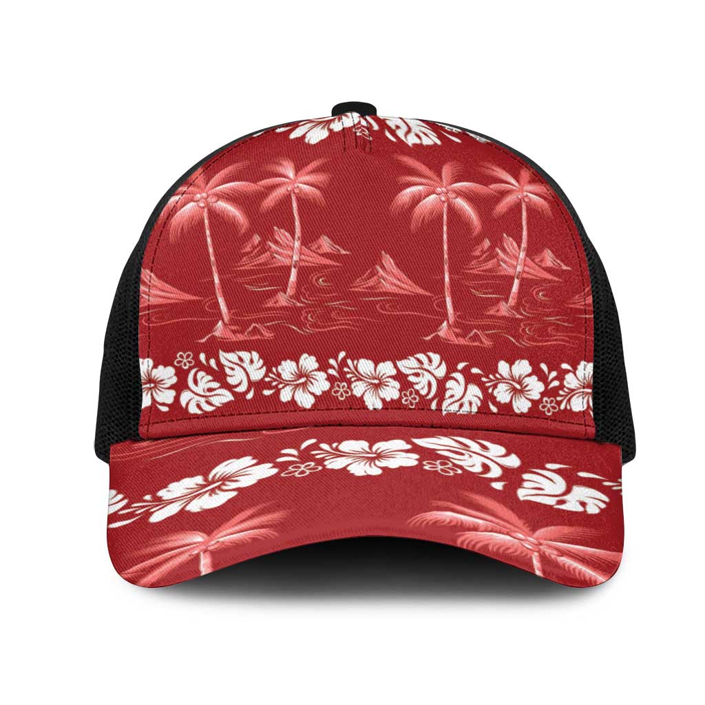 Red Hawaii Palm Tree Hibiscus Mesh Trucker Cap Fantasy Summer Vibe
