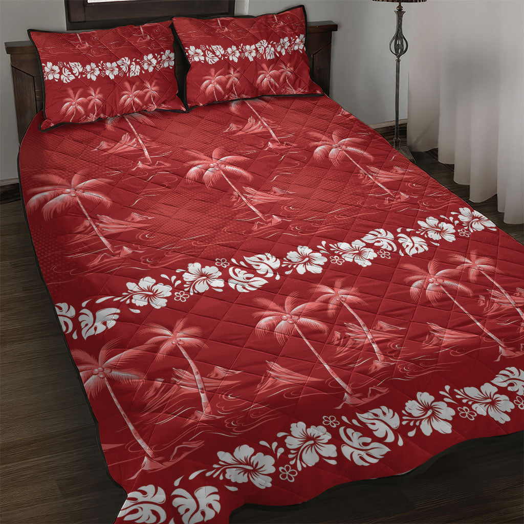 Red Hawaii Palm Tree Hibiscus Quilt Bed Set Fantasy Summer Vibe LT01 Red - Polynesian Pride