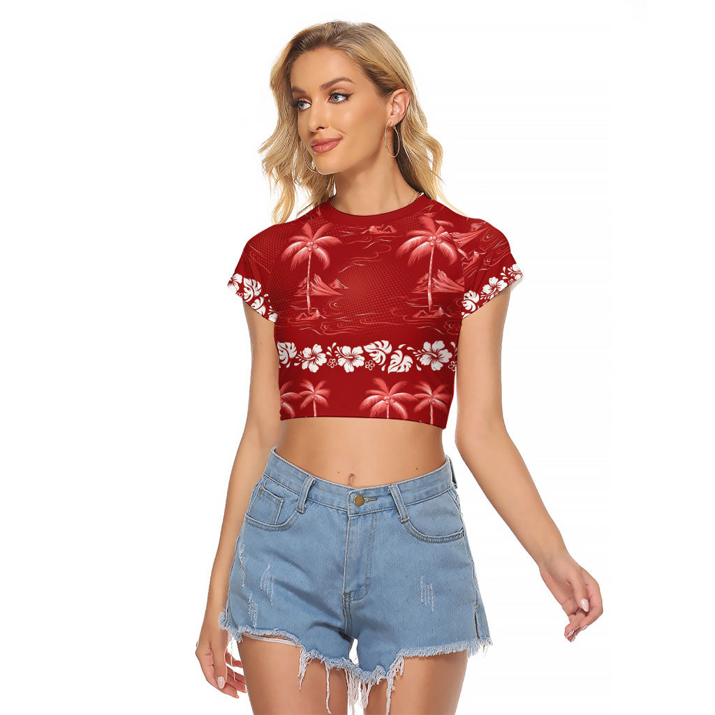 Red Hawaii Palm Tree Hibiscus Raglan Cropped T Shirt Fantasy Summer Vibe LT01 Female Red - Polynesian Pride