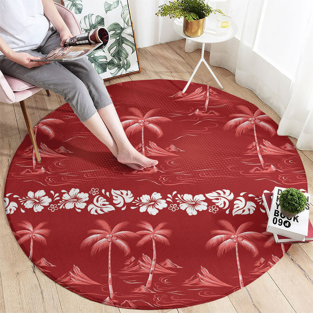 Red Hawaii Palm Tree Hibiscus Round Carpet Fantasy Summer Vibe LT01 - Polynesian Pride