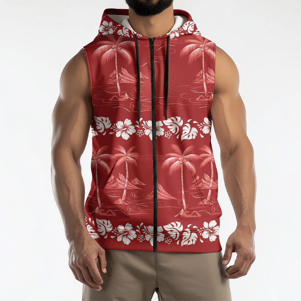 Red Hawaii Palm Tree Hibiscus Sleeveless Zip Hoodie Fantasy Summer Vibe LT01 - Polynesian Pride