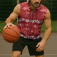 Red Hawaii Palm Tree Hibiscus Sleeveless Zip Hoodie Fantasy Summer Vibe LT01 - Polynesian Pride
