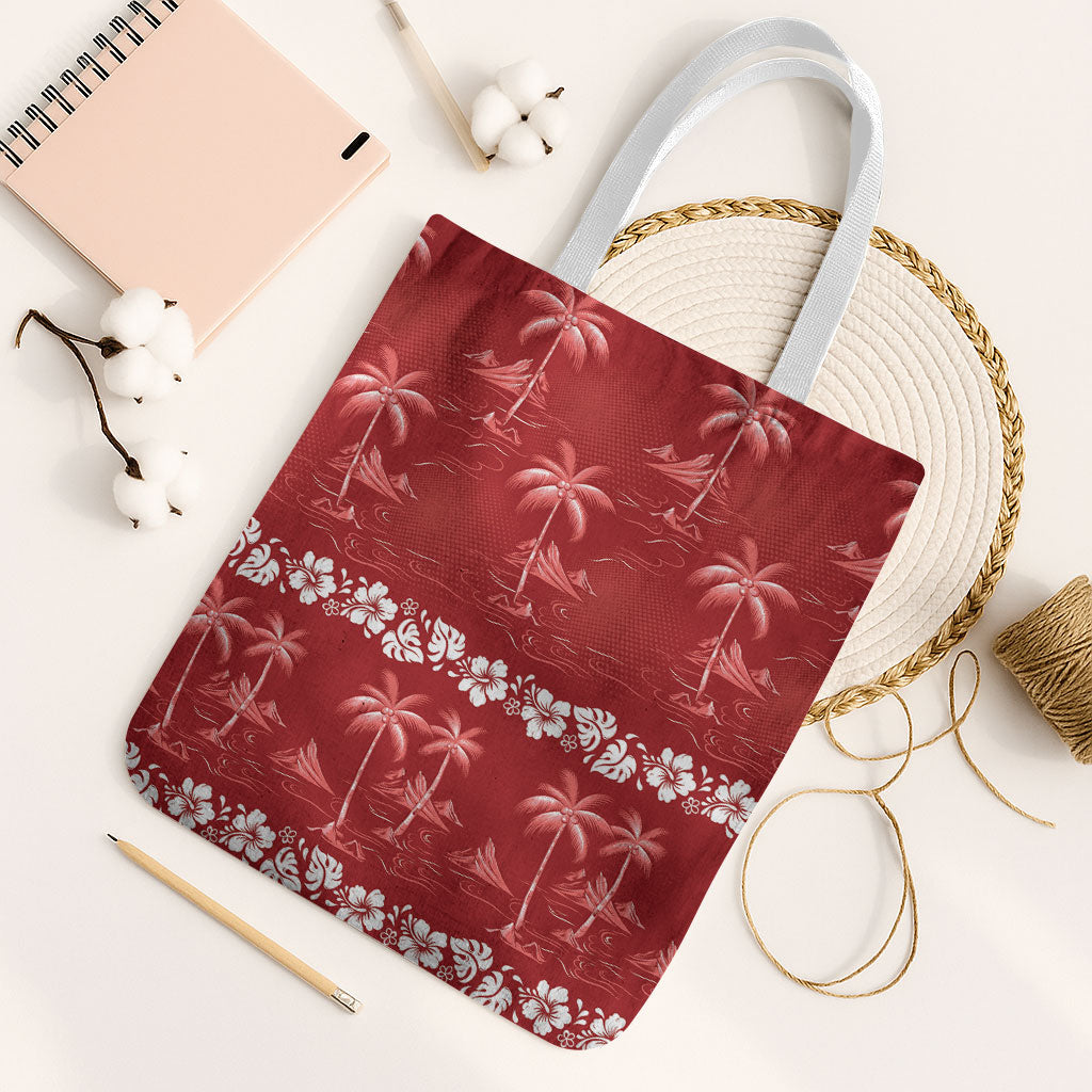 Red Hawaii Palm Tree Hibiscus Tote Bag Fantasy Summer Vibe LT01 White Strap One Size Red - Polynesian Pride