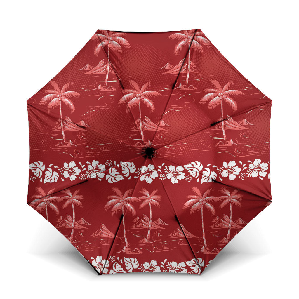 Red Hawaii Palm Tree Hibiscus Umbrella Fantasy Summer Vibe LT01 One Size Folded 11.42 inch Opened Diameter 37.4 inch Red - Polynesian Pride