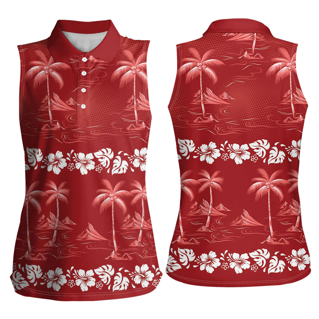 Red Hawaii Palm Tree Hibiscus Women Sleeveless Polo Shirt Fantasy Summer Vibe LT01 - Polynesian Pride