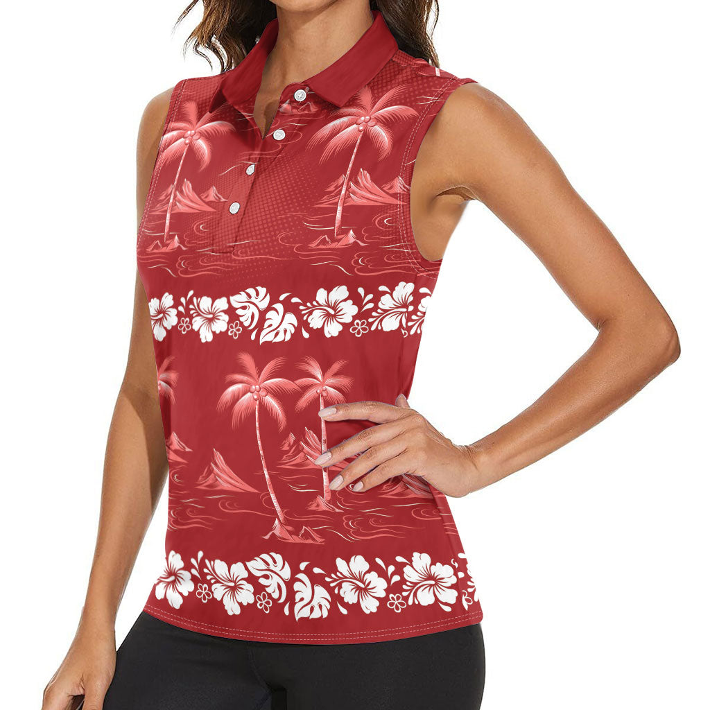 Red Hawaii Palm Tree Hibiscus Women Sleeveless Polo Shirt Fantasy Summer Vibe LT01 - Polynesian Pride
